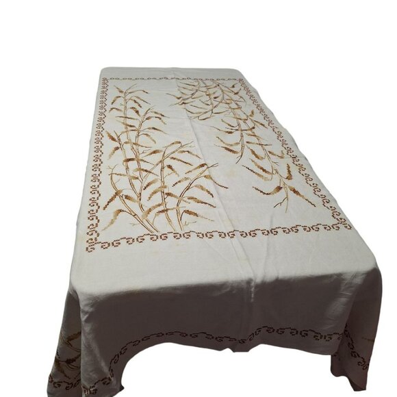 Vintage Wheat Crosstitch Tablecloth Linen Brown Fall 68 x 40 - Picture 2 of 8